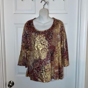 Chico’s Women's 3/4 Length Sleeve Gold Burgundy Floral Shirt Size US Medium